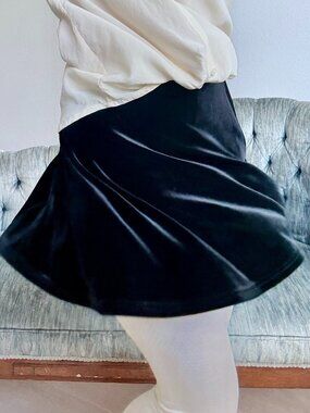 Vintage Black Velvet Skater Mini Skirt  Small Stretch Pull On